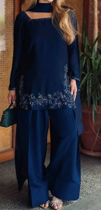 Navy Blue Crepe Embroidered Farshi Salwar Set Stitched