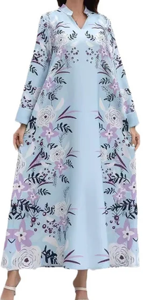 Light Blue Floral Print Modest Jalabiya Abaya Dress